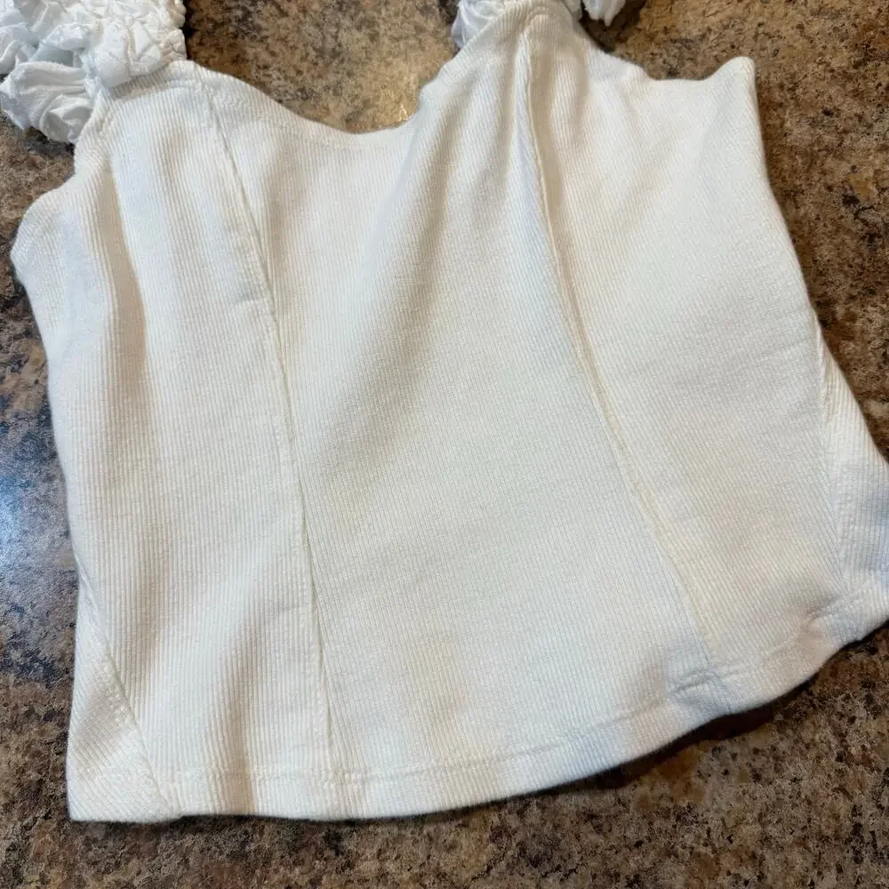 Anthropologie | Summer Preppy Ribbed Corset Puff Sleeve Cotton Tank Top Sz XS
